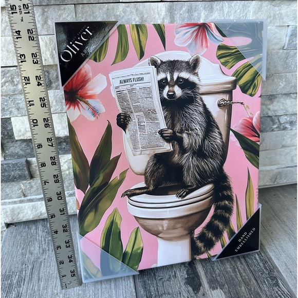 Raccoon on Toilet reading Paper “ Always Flush “  Bathroom Wall Art Home Decor - Picture 9 of 11